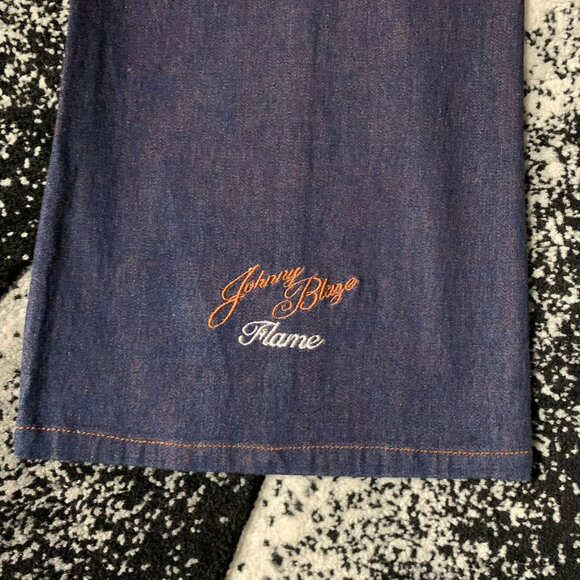 Women's Vintage Y2K 2000s Johnny Blaze Flame Embroidered Dark Denim Flare Jeans - Picture 5 of 5